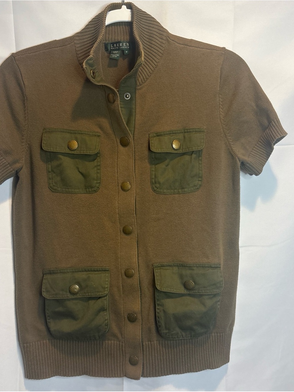 Ralph Lauren Brown Knit Short-Sleeve Cardigan with Olive Patch Pockets